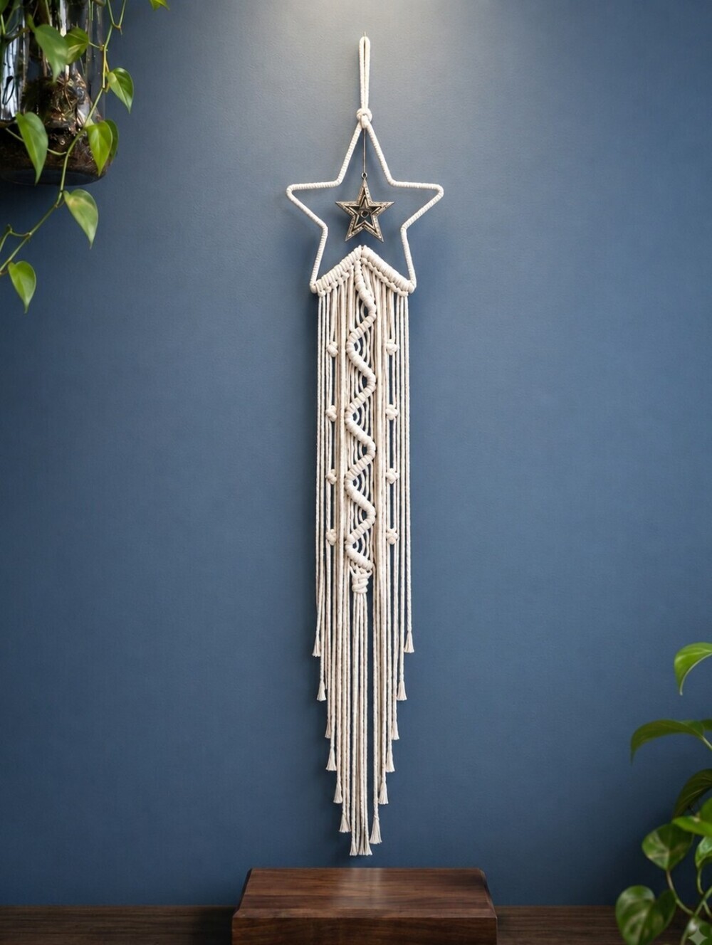 Celestial Macrame Star Wall Hanging 38" Cream Silver Charm Boho Whimsigoth Decor